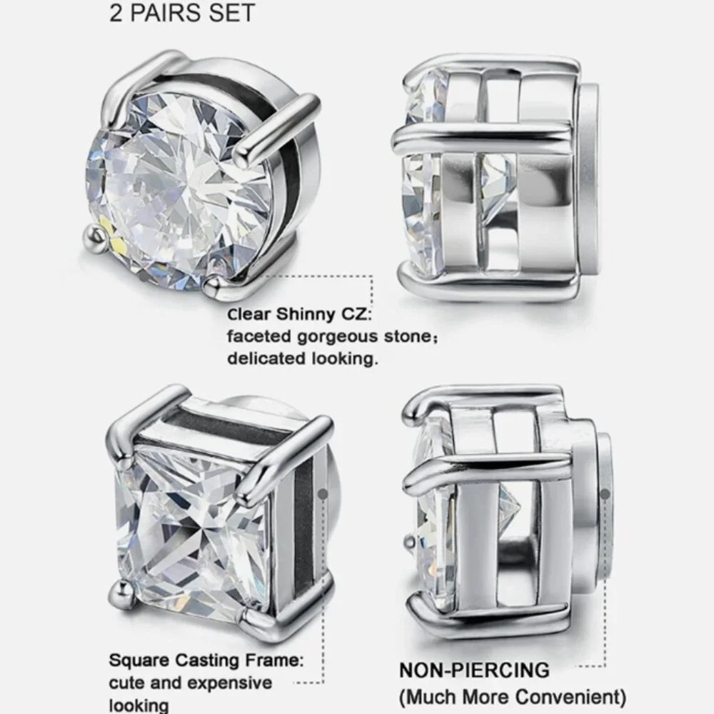 2 Pair 6MM - 4 Prong Stainless Steel & CZ Magnetic Non-Piercing Stud Earrings